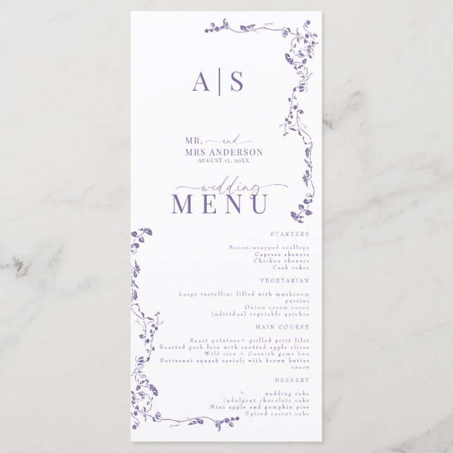 Elegant Floral Leaf Classic Wedding  Menu (Front)
