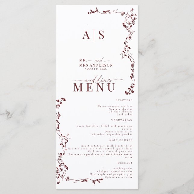 Elegant Floral Leaf Classic Wedding  Menu (Front)
