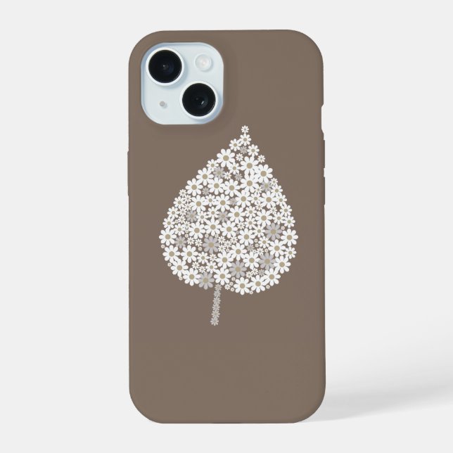 Elegant Floral Leaf Design – White and Soft Grey  iPhone 15 Case (Back)