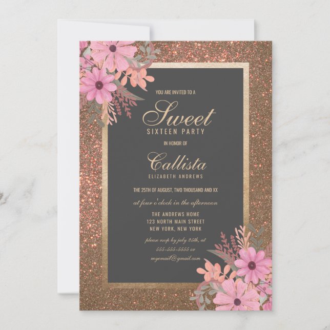 Elegant Floral Leaves Watercolor Glitter Sweet 16 Invitation (Front)