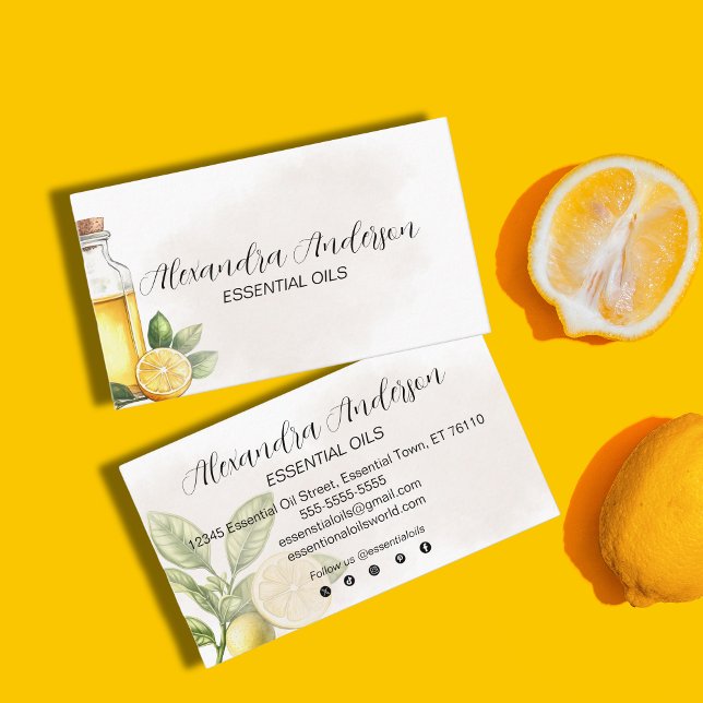 Elegant Floral Lemon Essential Oils Watercolor Business Card (Elegant Floral Lemon Essential Oils Watercolor Business Card)