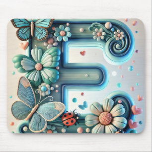 Elegant Floral Letter E with Butterflies Mouse Pad