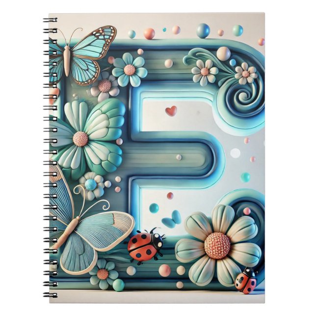 Elegant Floral Letter E with Butterflies Notebook (Front)