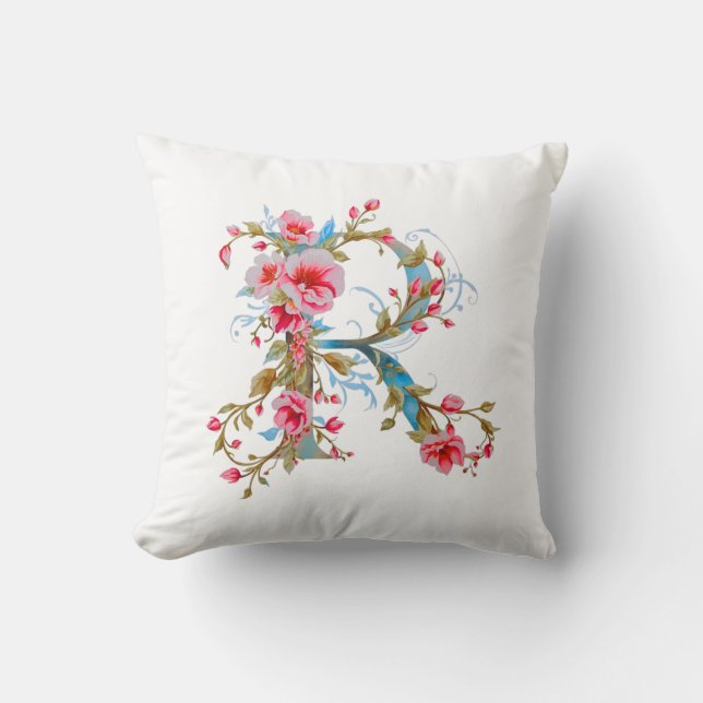 Elegant Floral Letter R Monogram Pillow (Front)