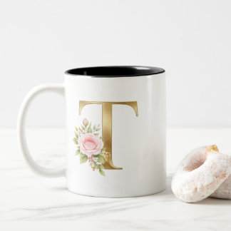 Elegant Floral Letter T Monogram Logo Two-Tone Coffee Mug