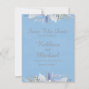 Elegant Floral Light Blue Flat Save The Date Card