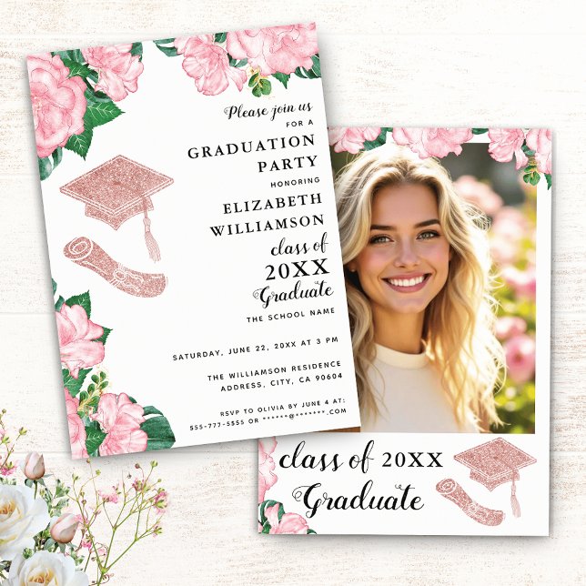 Elegant Floral Light Pink and White Graduation Invitation (Creator Uploaded)