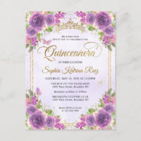 Elegant Floral Light Purple Gold Tiara Quinceañera