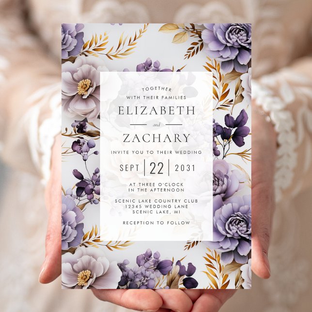 Elegant Floral Lilac Purple Gold Wedding Invitation (Creator Uploaded)