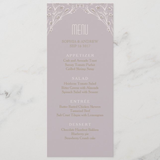 Elegant floral lilac rustic wedding menu (Front)