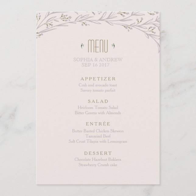 Elegant floral lilac rustic wedding menu (Front)