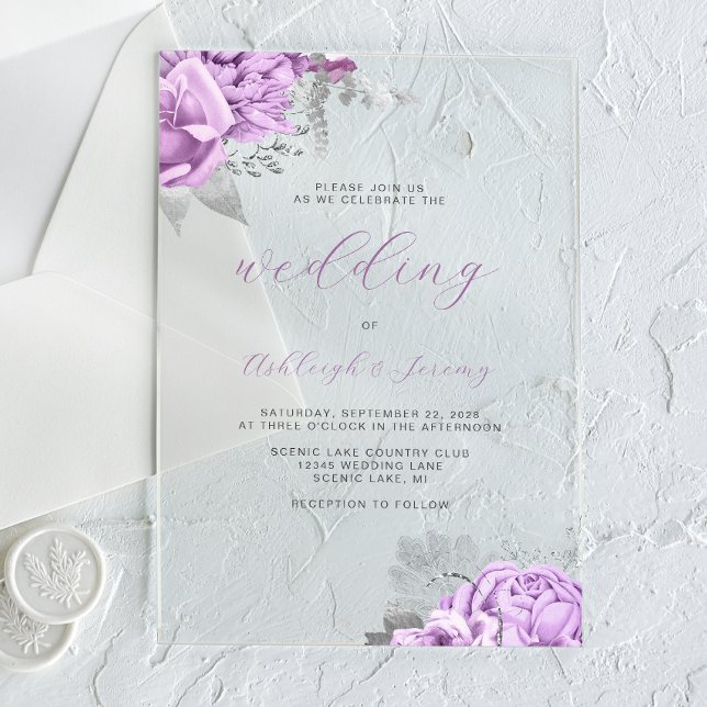 Elegant Floral Lilac Silver Script Wedding Acrylic Invitations (Creator Uploaded)