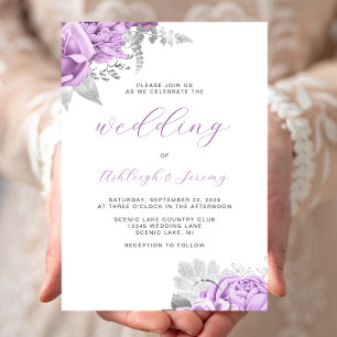Elegant Floral Lilac Silver Script Wedding Invitation