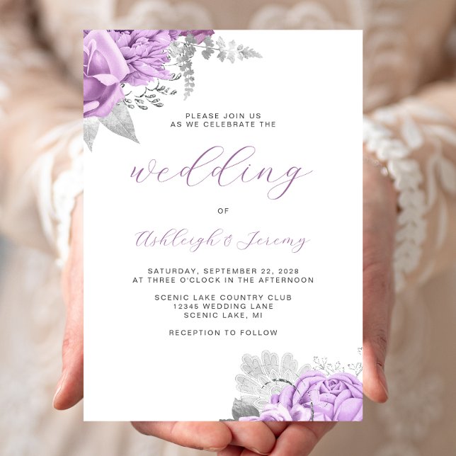 Elegant Floral Lilac Silver Script Wedding Invitation (Creator Uploaded)