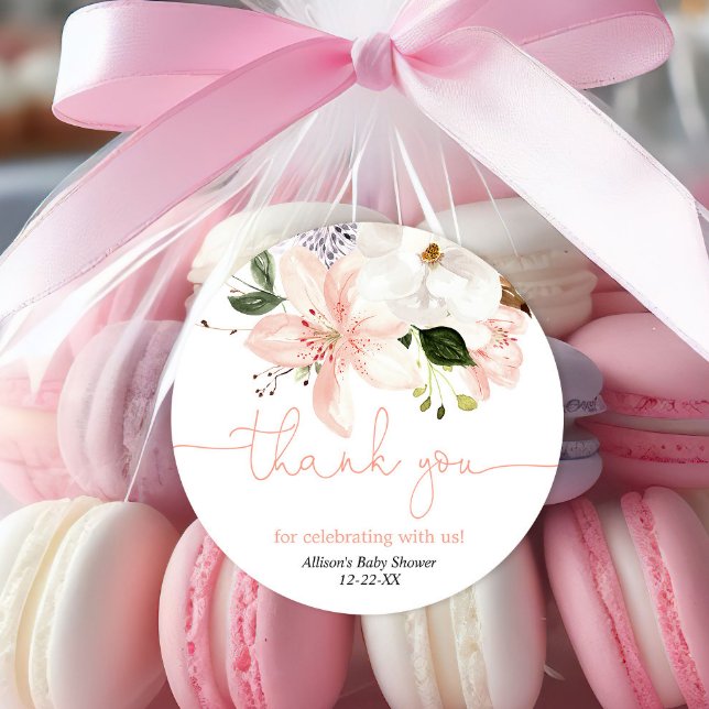 Elegant floral lilies blush thank you classic round sticker (Creator Uploaded)