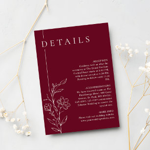 Elegant Floral Line Art Burgundy Wedding Details Enclosure Card