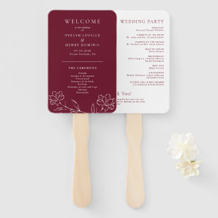 Elegant Floral Line Art Burgundy Wedding Program Hand Fan