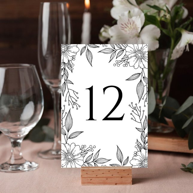 Elegant Floral Line Drawing Black White Wedding Table Number (Creator Uploaded)