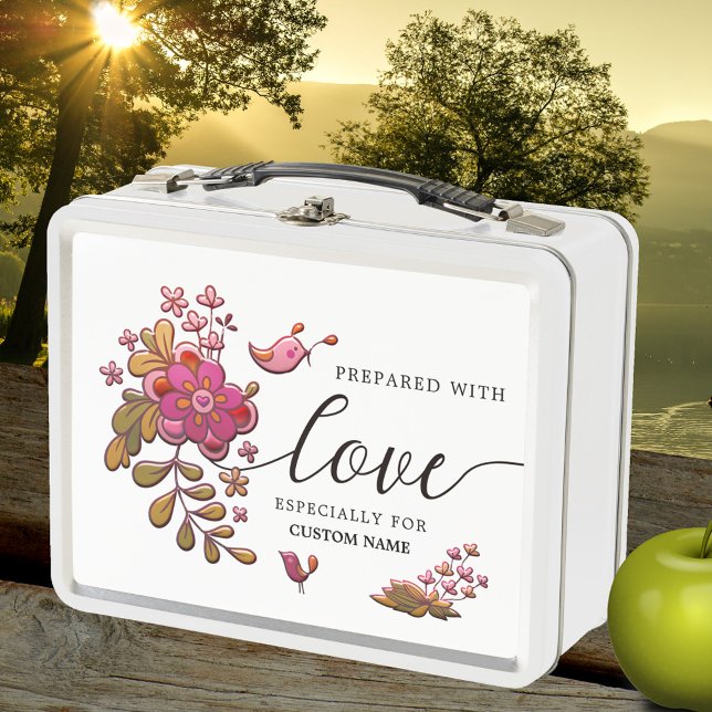 Elegant Floral Love Lunch Box (Elegant lunch box featuring a floral design with cute small birds and a script love text)