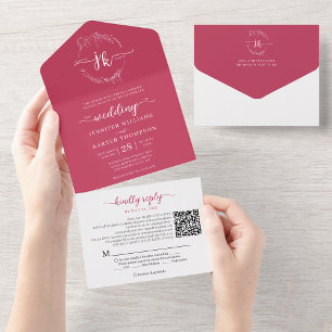 Elegant Floral Magenta Monogram QR Code Wedding All In One Invitation