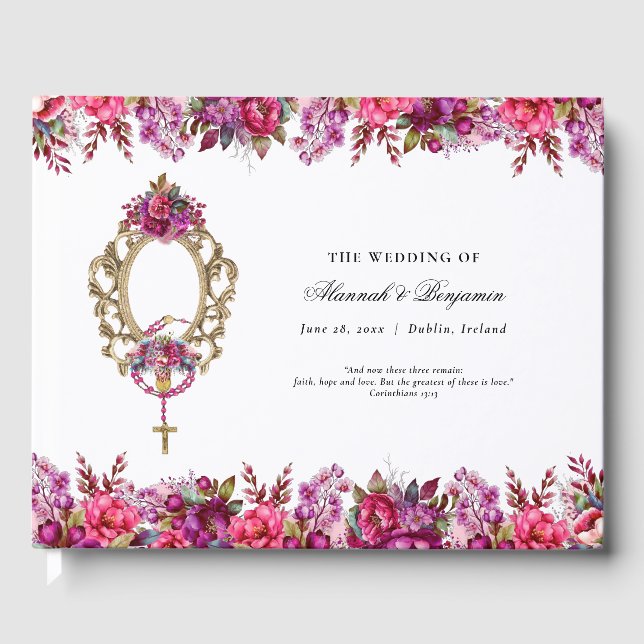 Elegant Floral Magenta Spring Catholic Wedding Guest Book (Front)