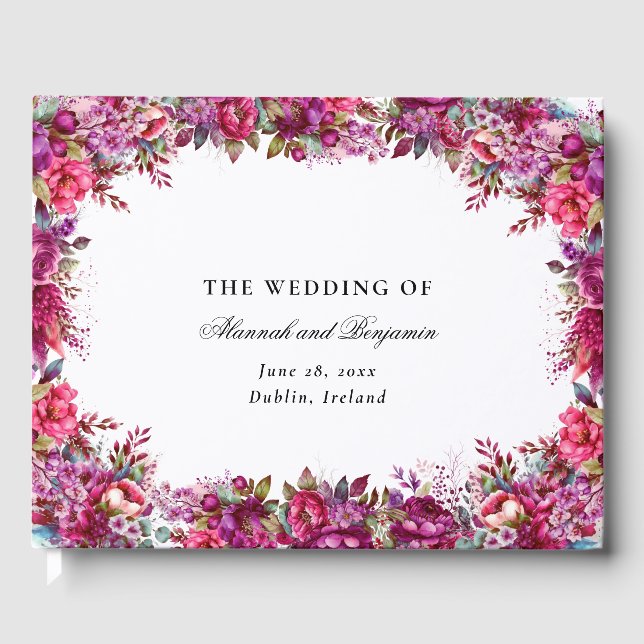 Elegant Floral Magenta Spring Wedding Guest Book (Front)