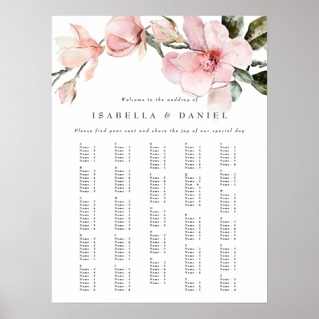 Elegant Floral Magnolia Alphabetical Seating Chart (Front)
