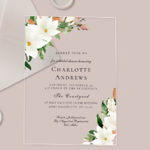 Elegant Floral Magnolia Bridal Shower  Acrylic Invitations