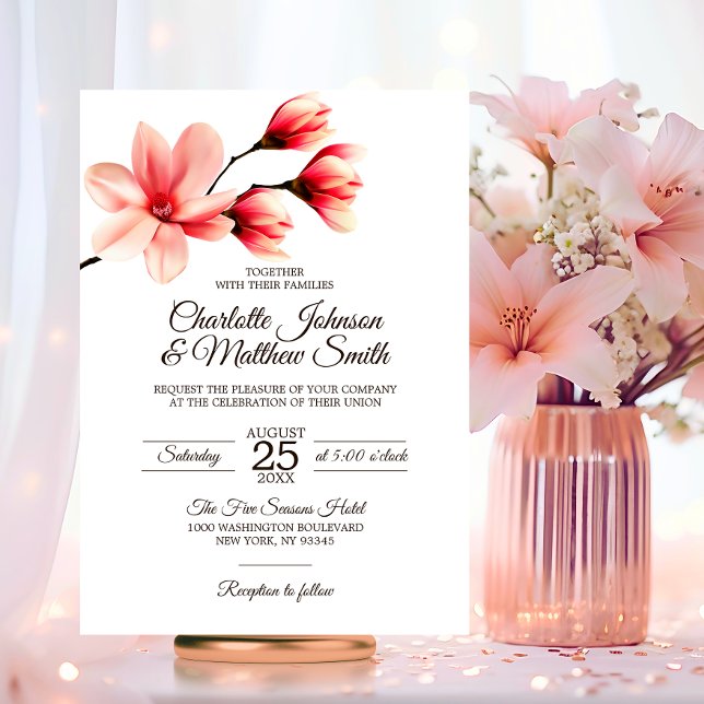 Elegant Floral Magnolia Coral Pink Peach Wedding Invitation (Elegant Floral Magnolia Coral Peach Pink Color Wedding Invitation)