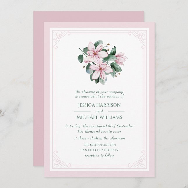 Elegant Floral Magnolia Pink Formal Wedding Invitation (Front/Back)