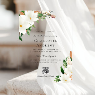 Elegant Floral Magnolia QR Code Bridal Shower  Acrylic Invitations