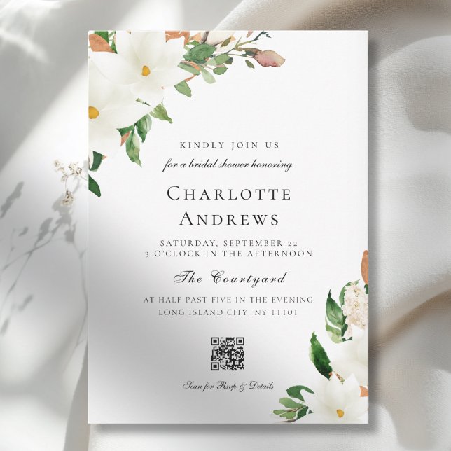 Elegant  Floral Magnolia QR Code Bridal Shower Invitation (Elegant Floral Magnolia QR Code Bridal Shower Invitation)
