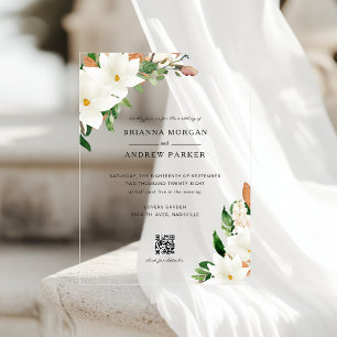 Elegant Floral Magnolia QR Code Wedding Acrylic Invitations