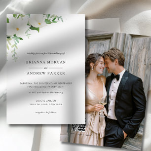 Elegant Floral Magnolia Wedding Photo QR Code Invitation