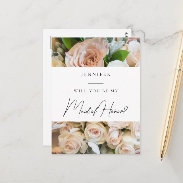 Elegant floral Maid of Honour Proposal Postcard (Front/Back In Situ)