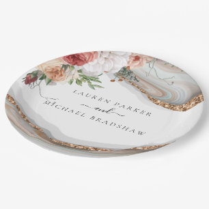 Elegant Floral Marble Glitter Wedding Luxury Paper Plate
