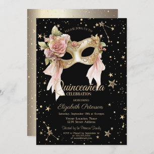 Elegant Floral Masque Stars Black Gold Quinceañera Invitation