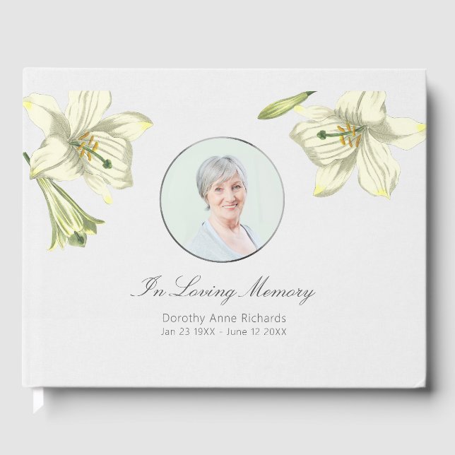 Elegant Floral Memorial Funeral Service Photo Guest Book (Front)