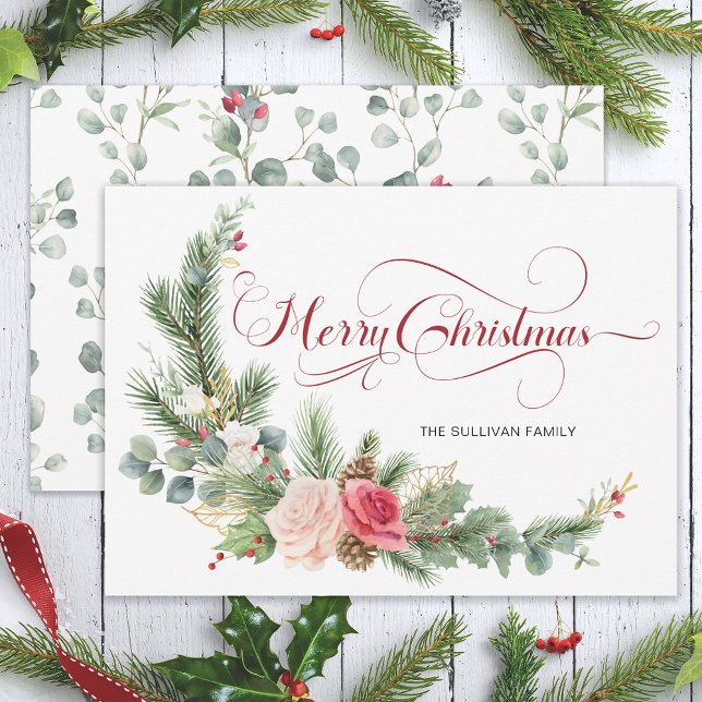 Elegant Floral Merry Christmas Calligraphy Holiday Card (Creator Uploaded)