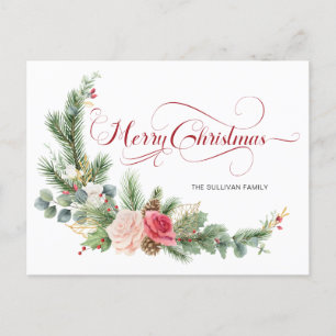 Elegant Floral Merry Christmas Calligraphy Holiday Postcard