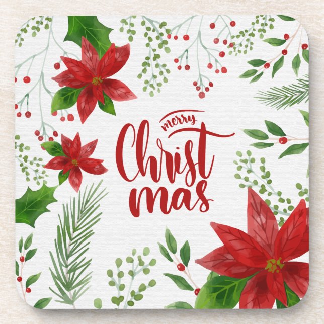 Elegant Floral Merry Christmas | Coaster (Front)
