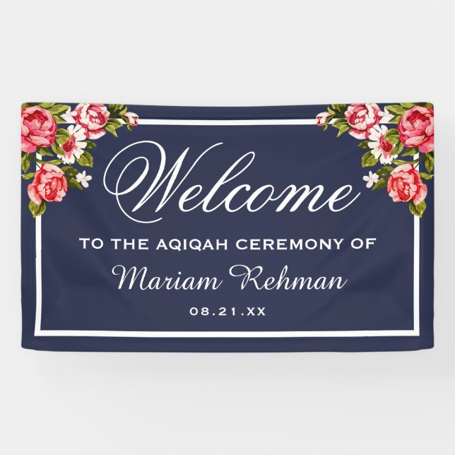 Elegant Floral Midnight Blue Baby Girl Aqiqah Banner (Horizontal)