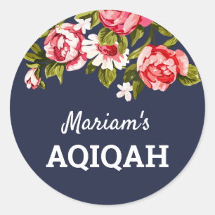 Elegant Floral Midnight Blue Baby Girl Aqiqah Classic Round Sticker