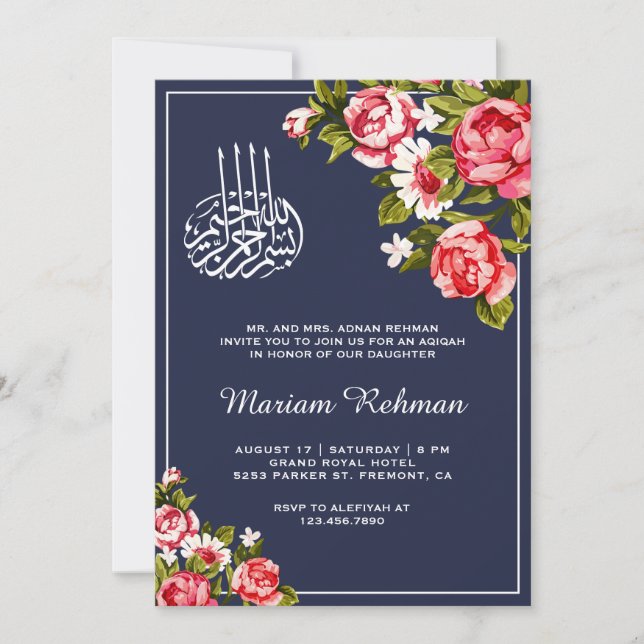 Elegant Floral Midnight Blue Baby Girl Aqiqah Invitation (Front)