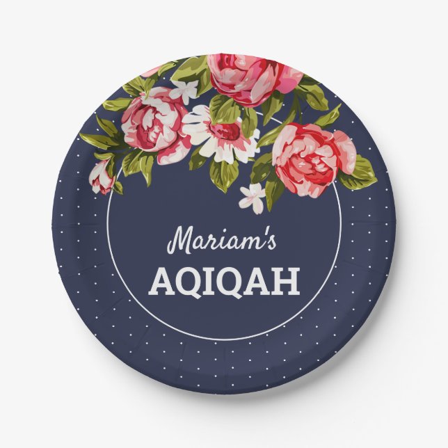 Elegant Floral Midnight Blue Baby Girl Aqiqah Paper Plate (Front)