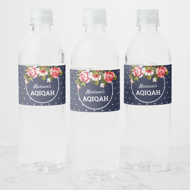 Elegant Floral Midnight Blue Baby Girl Aqiqah Water Bottle Label (Bottles)