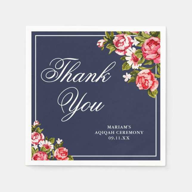 Elegant Floral Midnight Blue Thank You Paper Napkin (Front)