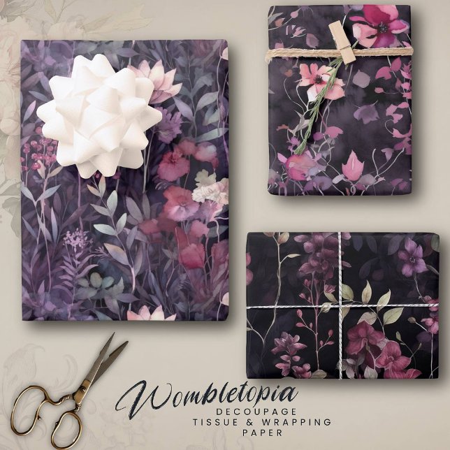 Elegant Floral Midnight Garden Pink Purple Wrapping Paper Sheet (Creator Uploaded)