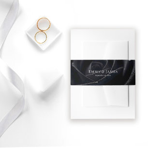 Elegant Floral Midnight Rose Black & White Wedding Invitation Belly Band