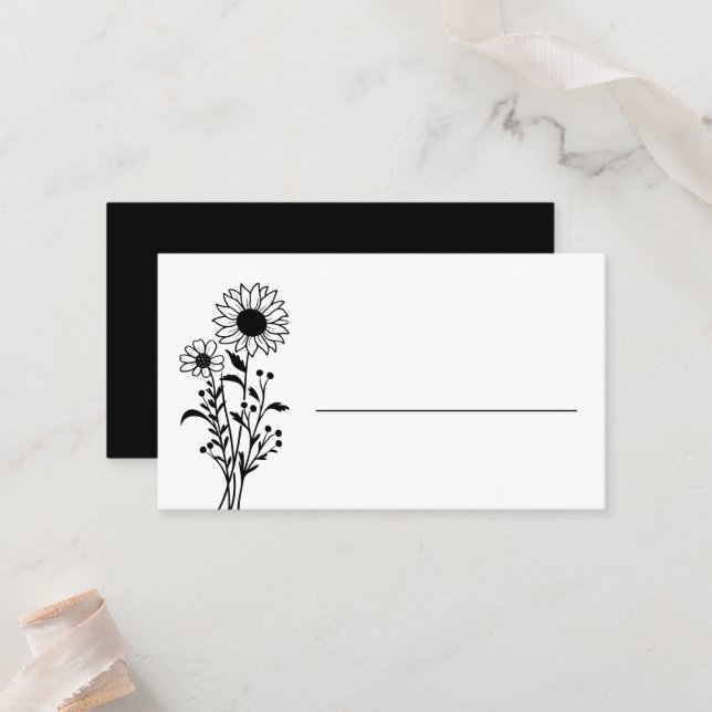 Elegant Floral Minimalist Black White Wedding      Place Card (Front/Back In Situ)